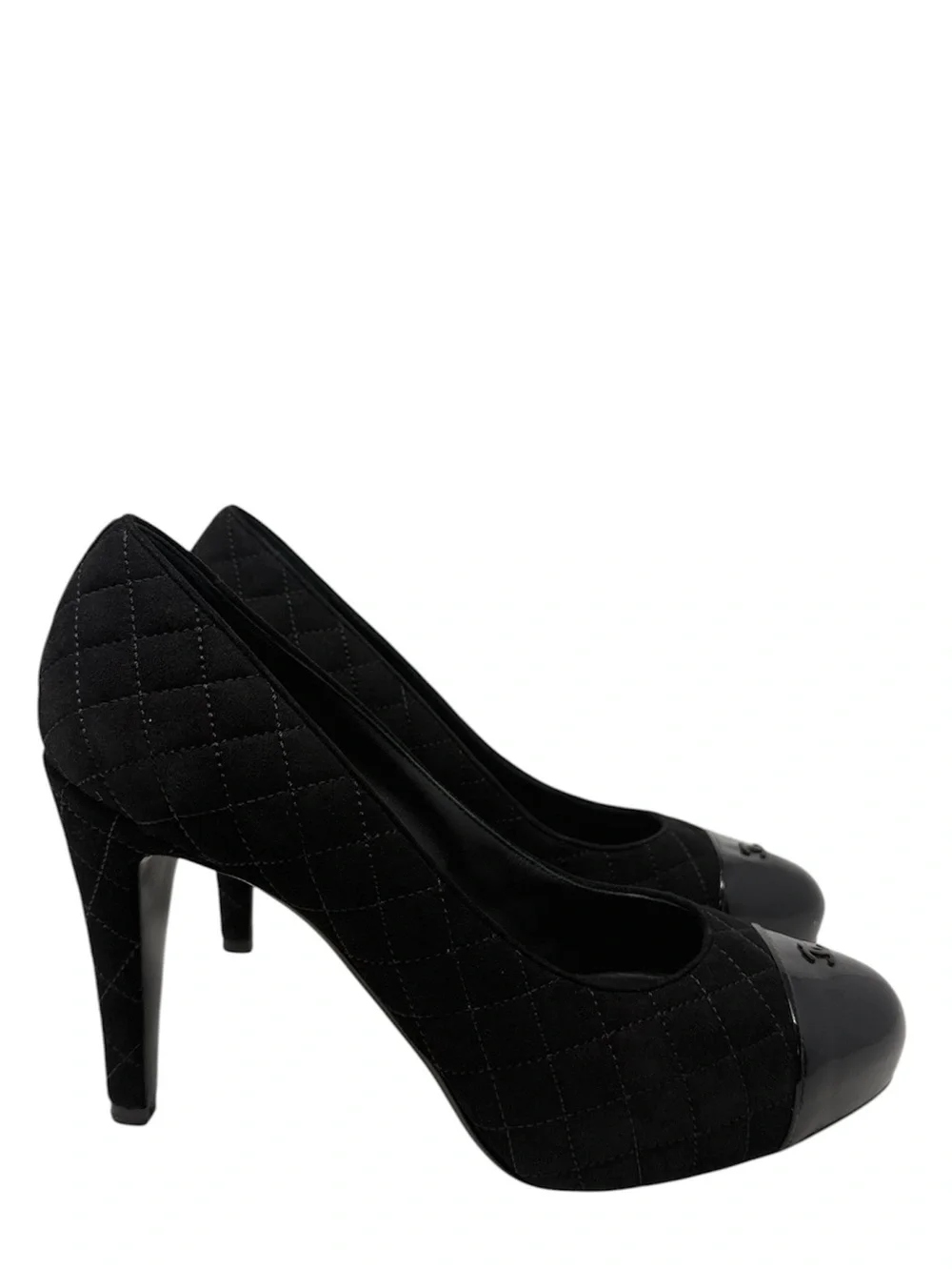 Chanel Quilted CC Cap Toe Black Suede Pumps Size 39.5